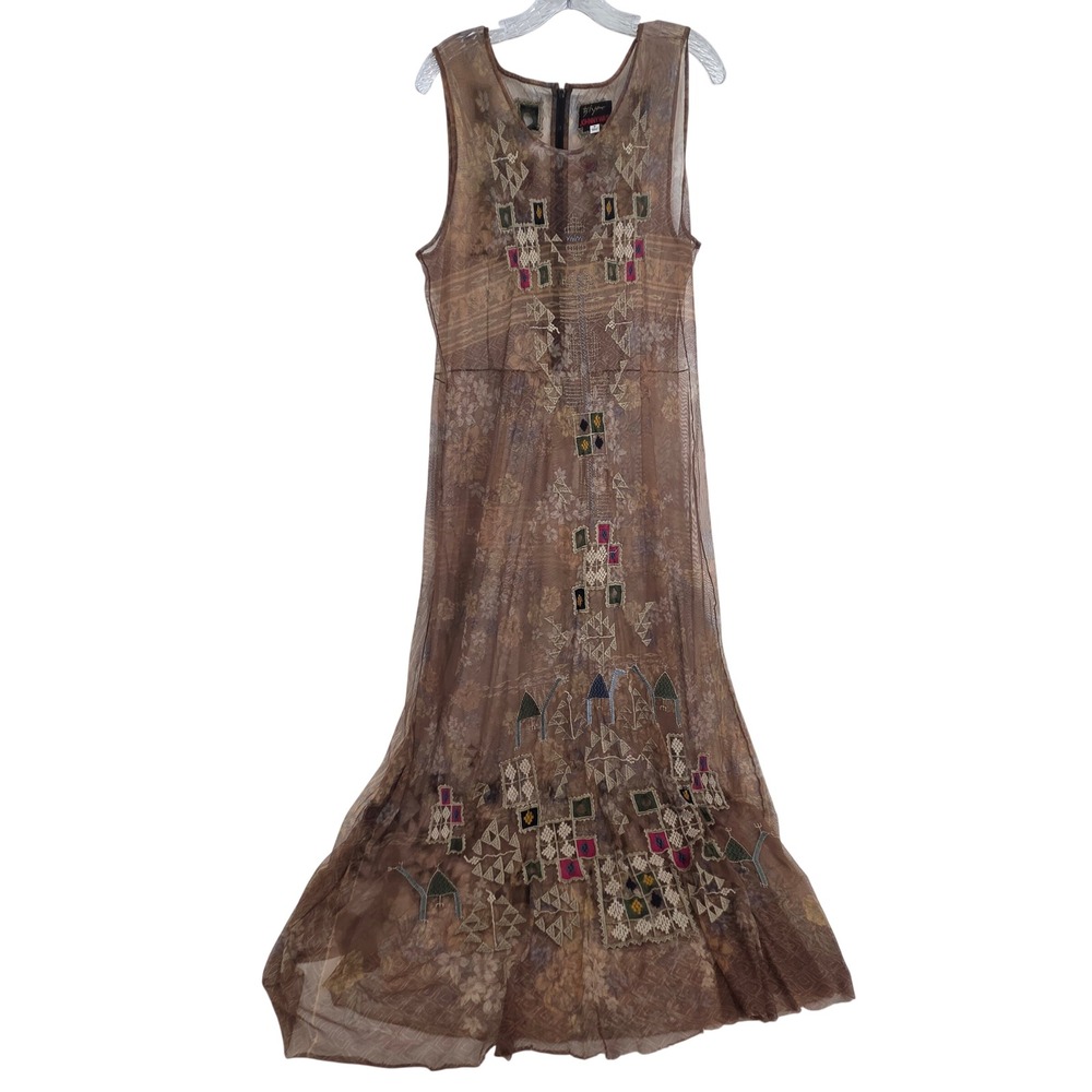 Biya Johnny Was Dress M Brown Sheer Embroidered Mesh Maxi Boho Art-Inspired
